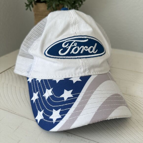 Ford Other - Ford American Flag Trucker Mesh Hat‎ Cap Adjustable Snapback White and Blue